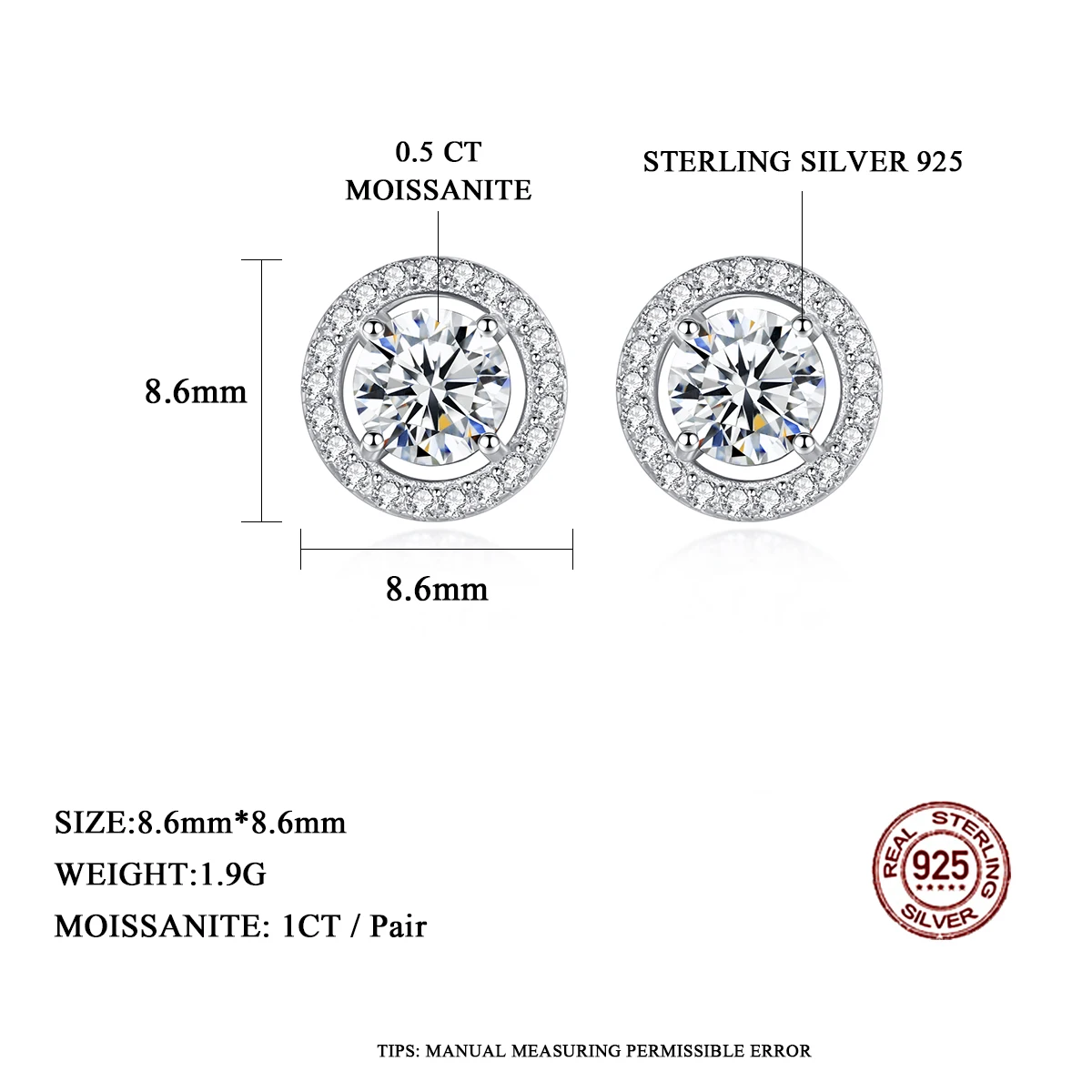 CZCITY Brand Jewelry Simple Disc Charm Diamond Round Stud Earing GRA 925 Silver Moissanite Earring 925