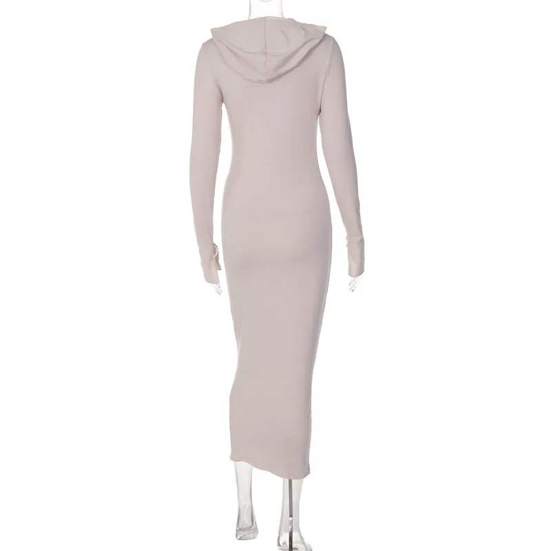 Solid Hooded Casual Soft Midi Dress Women 2022 Long Sleeve Autumn Winter Clothes Wholesale Boutique Elegant Apparel
