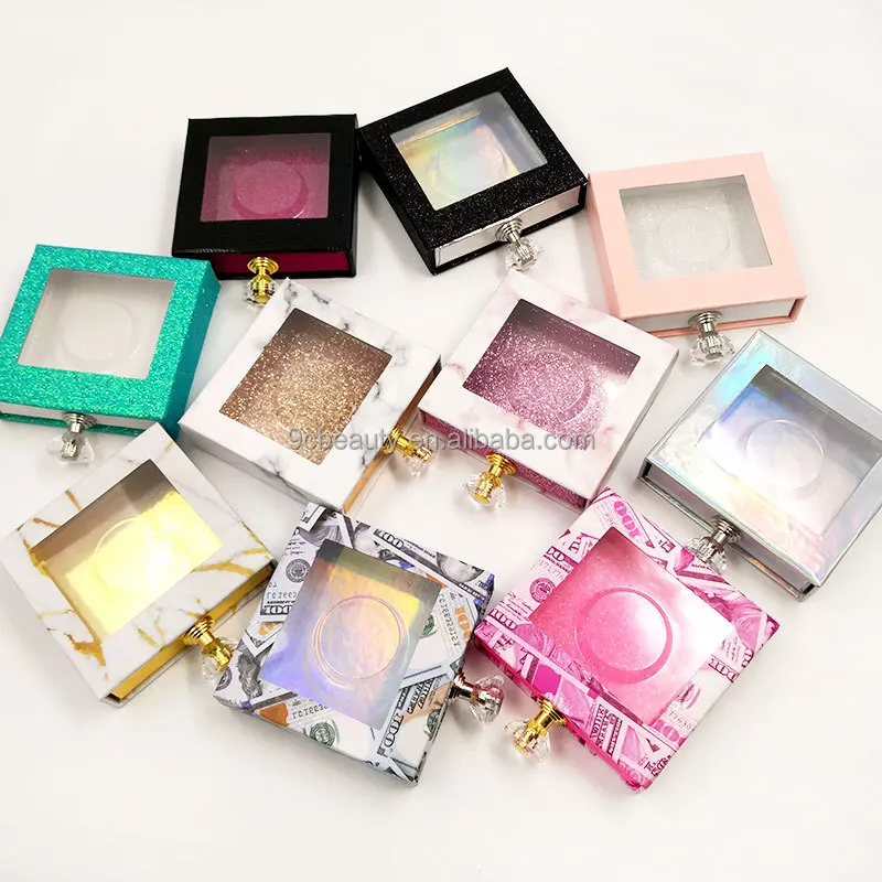 wholesale 9 colors crystal handle square lash boxes 1000+ styles 3D 5D quality 25mm mink lashes