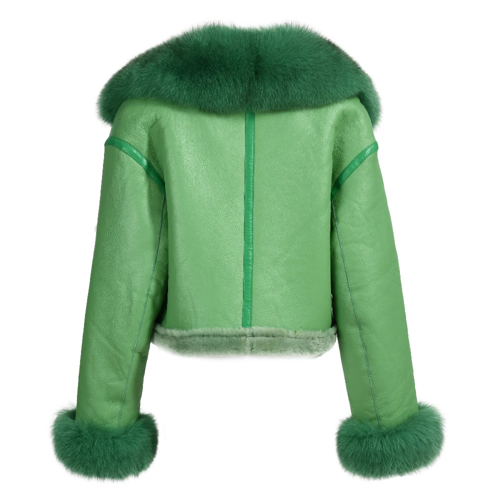 New Style Short Style Genuine Sheepskin Leather Jacket With Real Fox Fur Collar And Cuffs Winter Women Cropped Shearling Coat