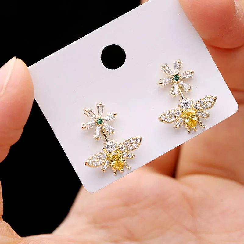 Japanese and Korean Style Fashion Cute CZ Crystal Small Daisy and Bee Earrings with 925 Silver Needle