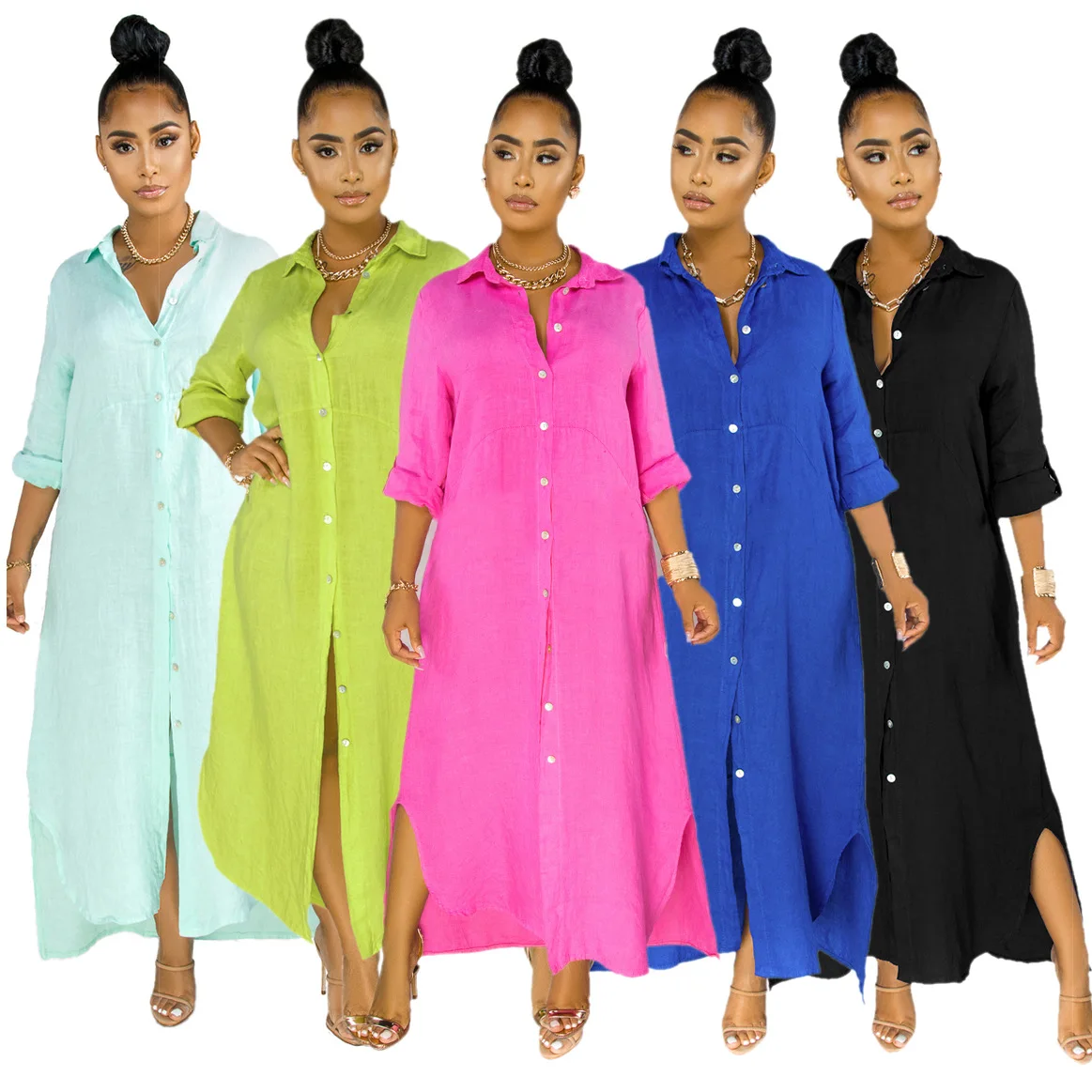 S6587 New Arrivals Fashion Casual Long Sleeve Solid Women Blouse Dress