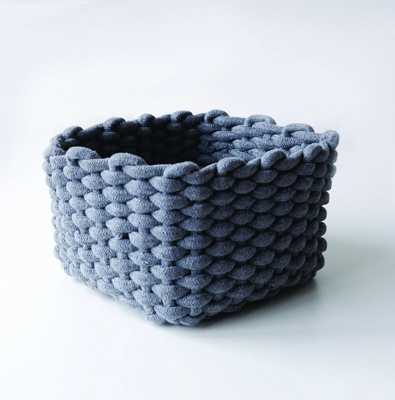Handmade Durable Supermarket Rectangle Fruit  Bread Basket with Handles Daily Mess Storage Basket Cotton rope Cord Basket