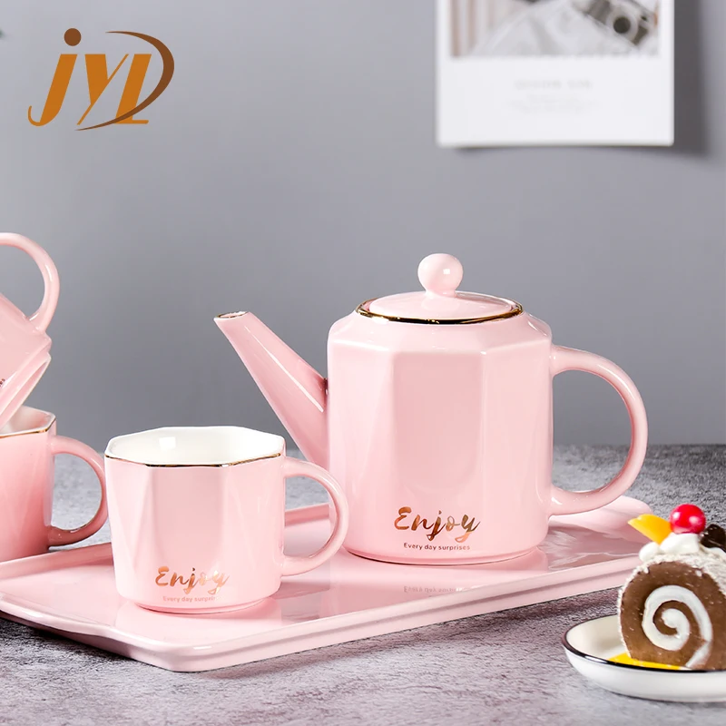 Nordic style home goods afternoon luxury porcelain tea cup set  drinkware pink ceramic tea set with gift box
