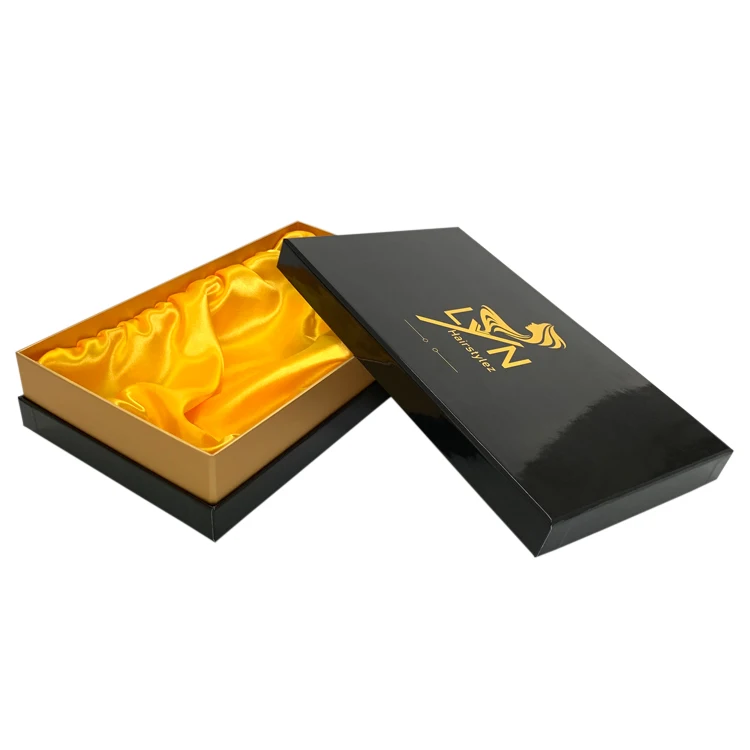 Wholesale Custom Cardboard Paper Box Two Pieces Style Glossy Wig Hair Extension Box with  Golden Satin Fabric Inside