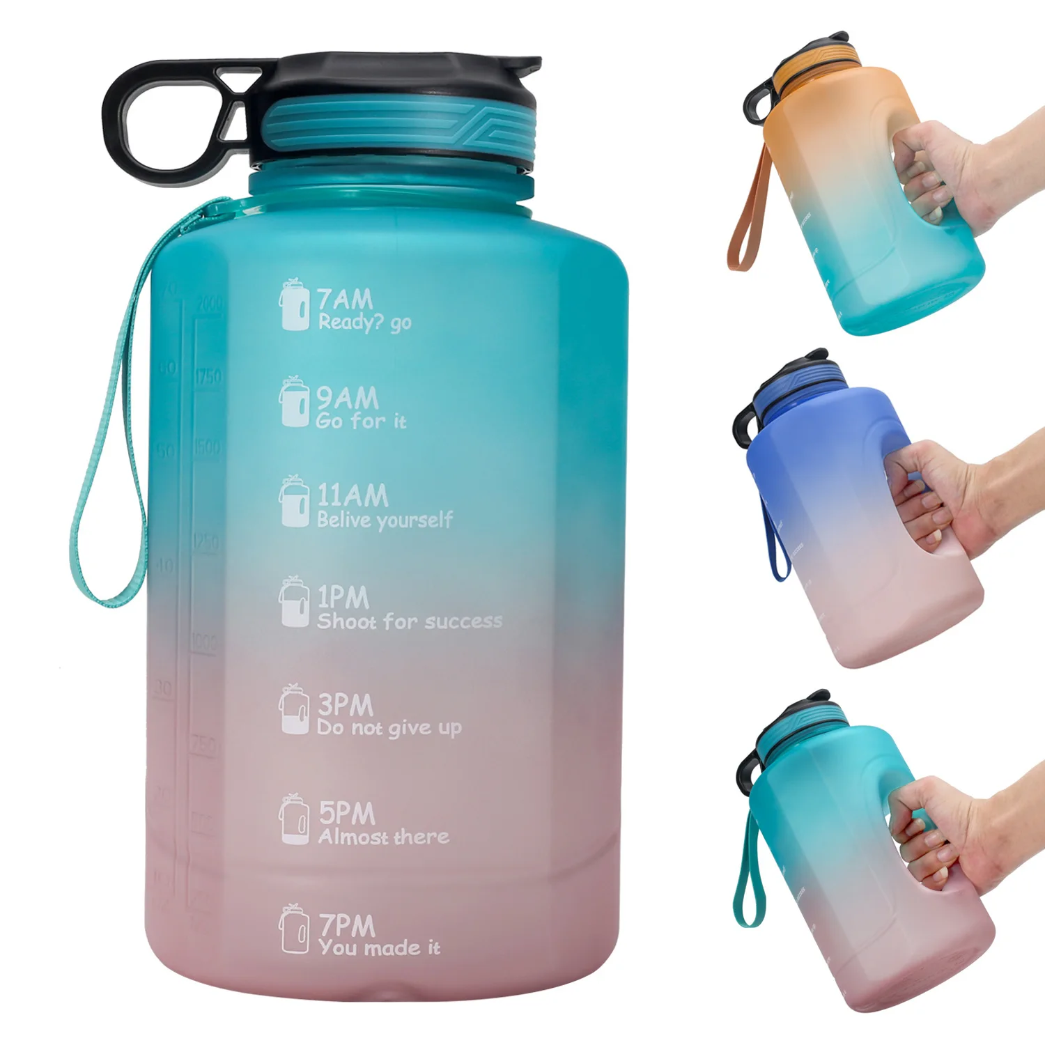 Plastic BPA Free Material Gradient Sports 2.2L Half Gallon 3.78L Gallon Gym Water Bottle with Time Marker