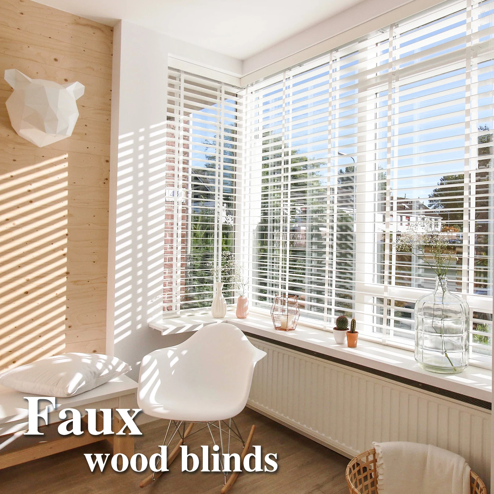 Nature Wood Blade Blackout White Color PVC Cordless Anti-UV Faux Wooden Venetian Blinds