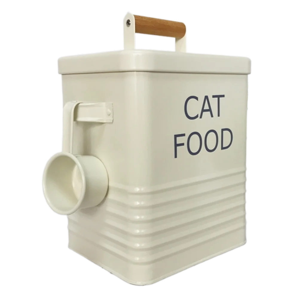 Custom Wholesale Farmhouse Metal Pet Food Treats Holder Dog Container Storage Cat Treats Tin with Scoop Pet Water Bowl