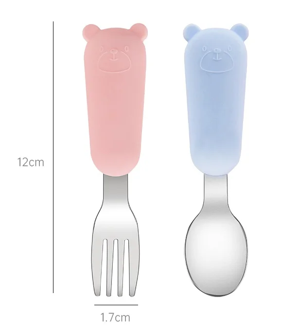 Baby Feeding Supplies Hot Sales Silicone Stainless Steel Baby Fork and Spoon Set Portable for Kids