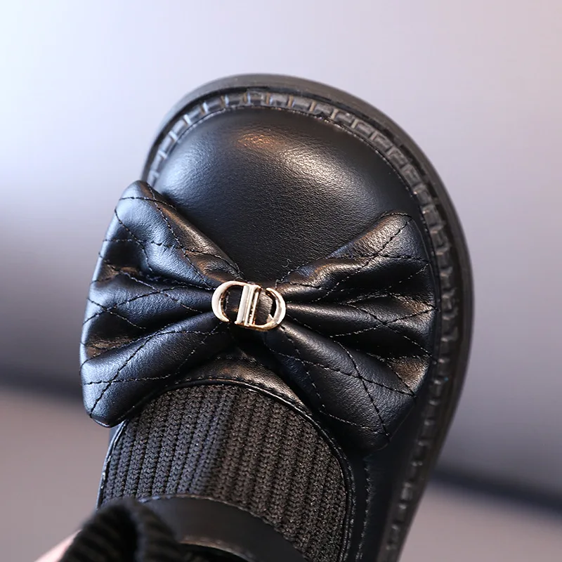 Girls Bow-Knot Touch Strap Leather Textile Boots Children Bootie with Ribbed Knit Stretch Inserts Toddler Little Kids Warm Shoes