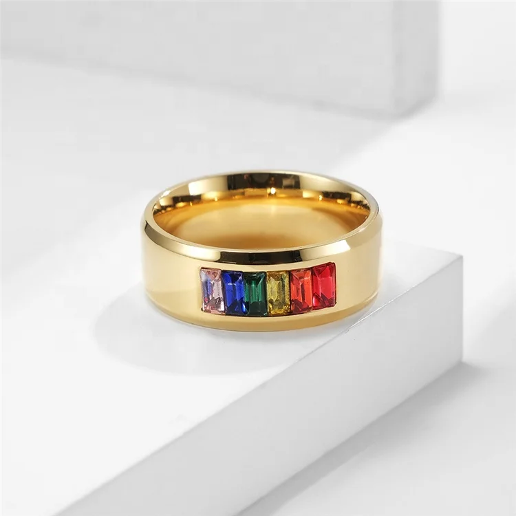 Hot Selling Stainless Steel LGBT Gay Pride Rainbow Stones Ring Gold Plated Lovers Couple Ring