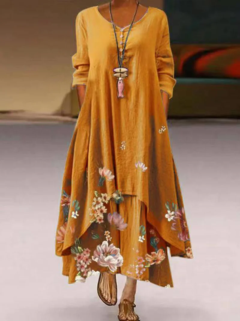 Wholesale Women Printing Colour Long Sleeve O Neck Casual Elegant Irregular Plus Size Maxi Dress Ladies