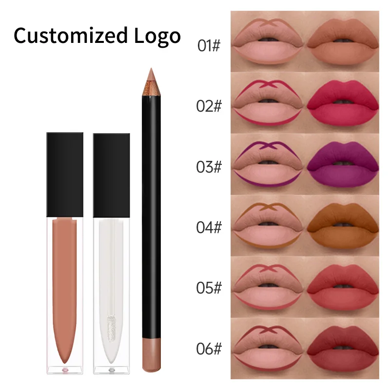 6 Colors No Labels Oem Private Label Vegan Waterproof Liquid Lipstick Lip Oil Lipliner Set Custom Logo Matte Lipstick Lip Kit