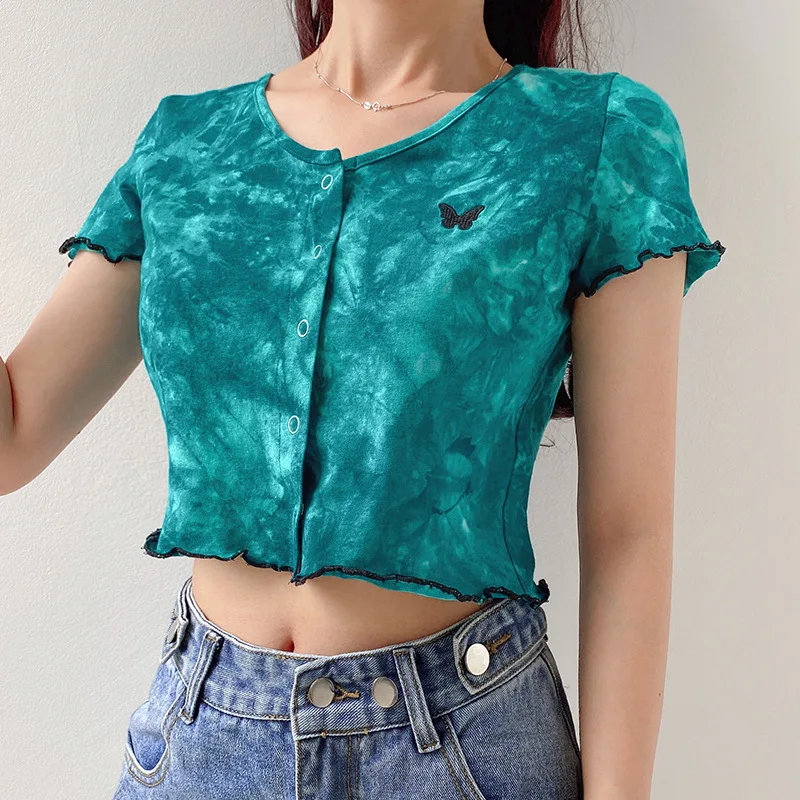 
Women Features Tie Dye Embroidery Butterfly Wave Side Single Breasted Short T-shirt Cardigan Top 