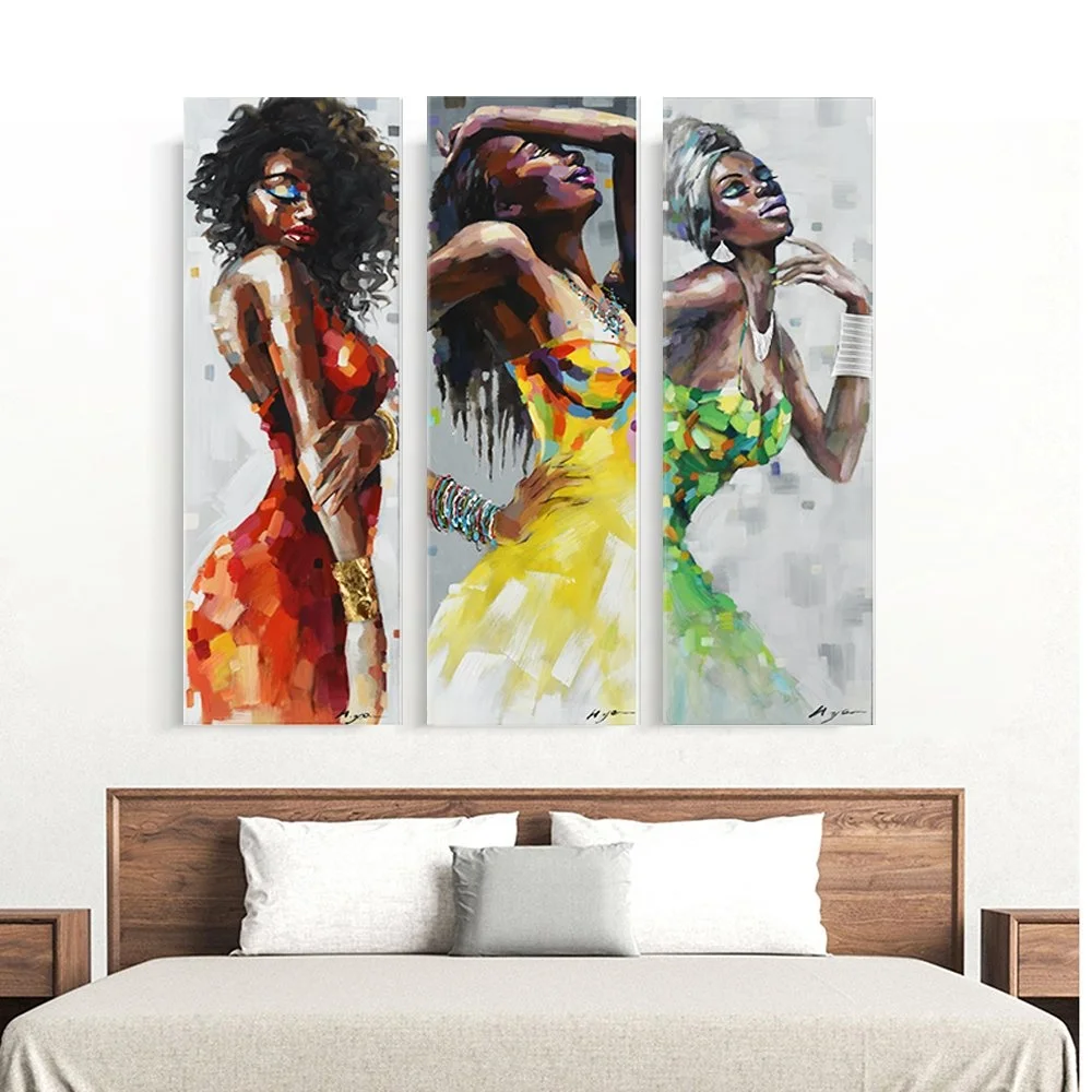Fashionable Dancing Black Women in Dress African Art Canvas Painting Framed Set of 3 Panels