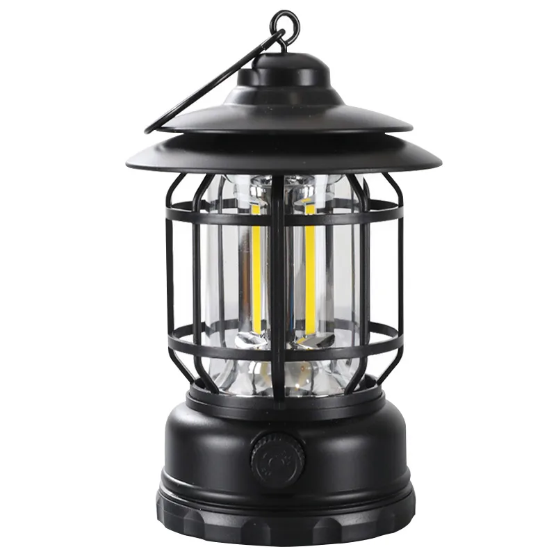 Multifunctional LED Camping Lamp Stepless Dimming Handheld Light Rechargeable Vintage Outdoor Portable Lantern With Hook