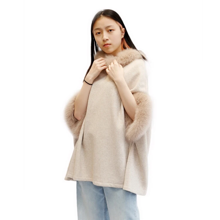 Wholesale Winter Casual Style Plain Raccoon Fur Trim Acrylic Knit Pattern Long Poncho For Women