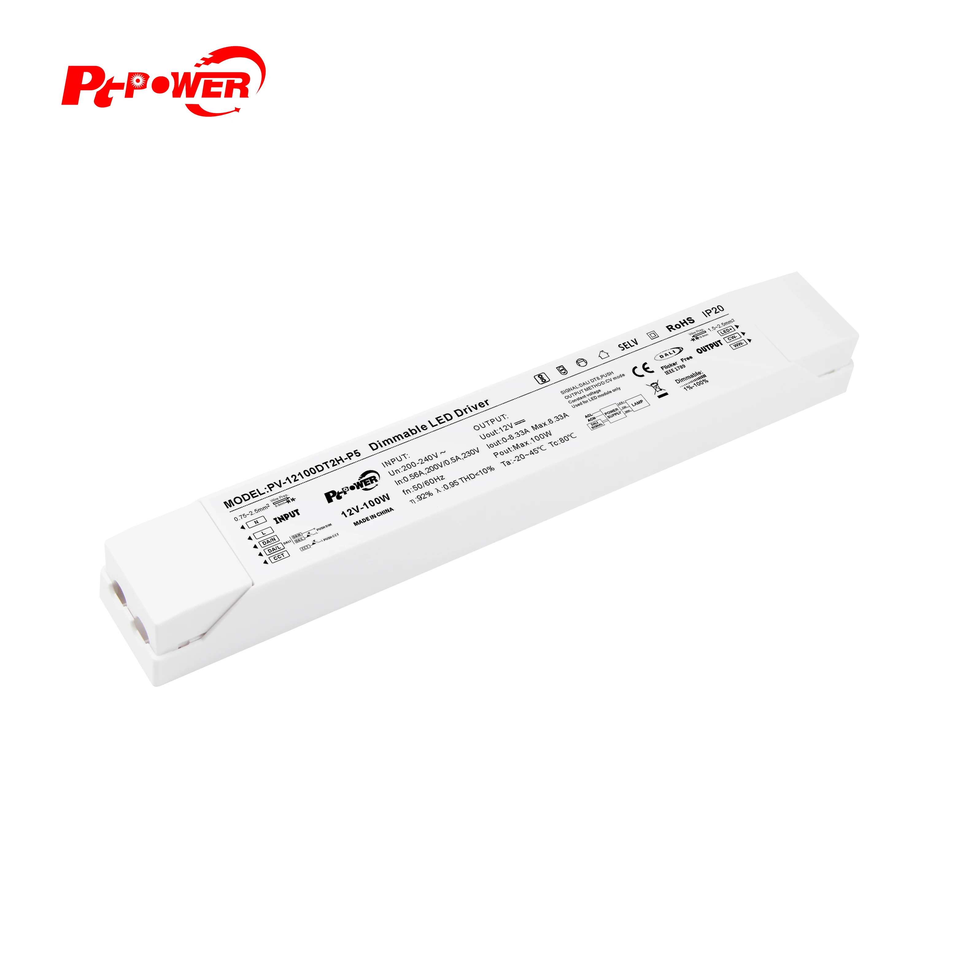 DALI DT8 Dimming 100W 12/24V White Plastic Shell 100-240V Constant Voltage DALI Dimmable LED Driver for Office LED Lighting