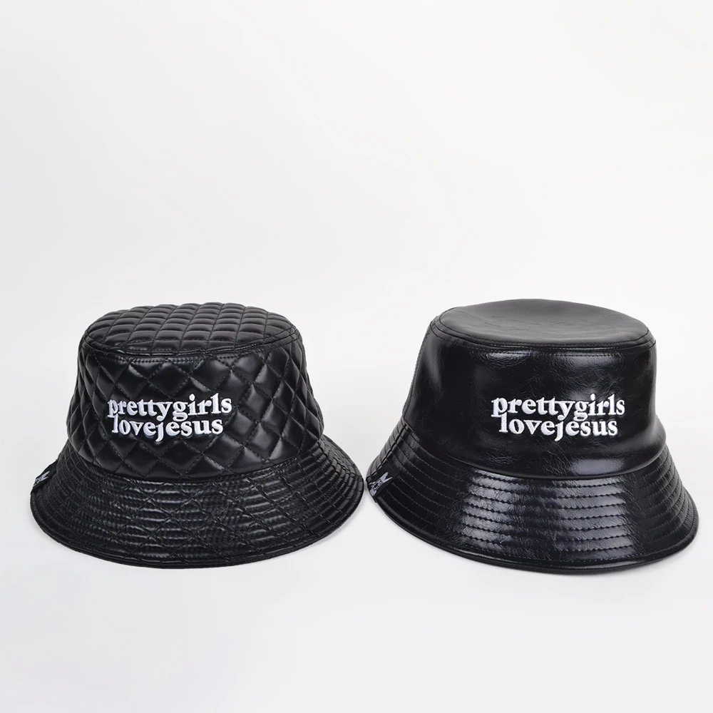 Fall winter Custom Down Cotton Fisherman bucket cap embroidery Patch Logo Windproof Th PU Leather Bucket Hat