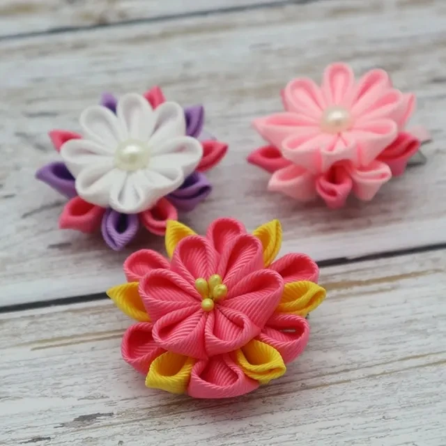 Custom Made Different Designs Japanese Style Irish Hair Bows Kanzashi Tsumami Flower Ribbon Hair Clips with Alligator Clip