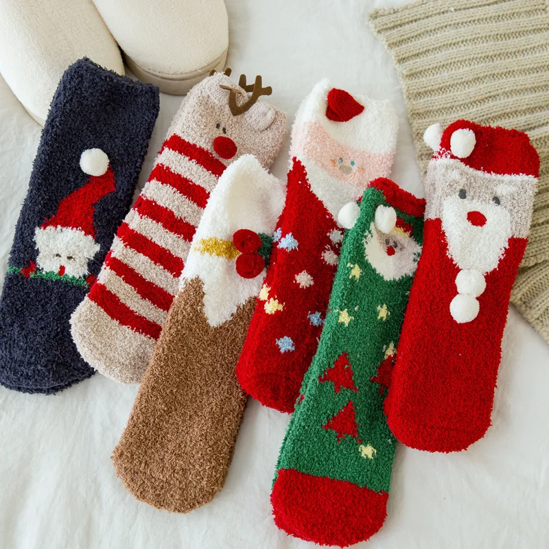 Christmas socks female autumn and winter tube socks pure cotton plus velvet thick sleep socks coral velvet warm cute velvet soc