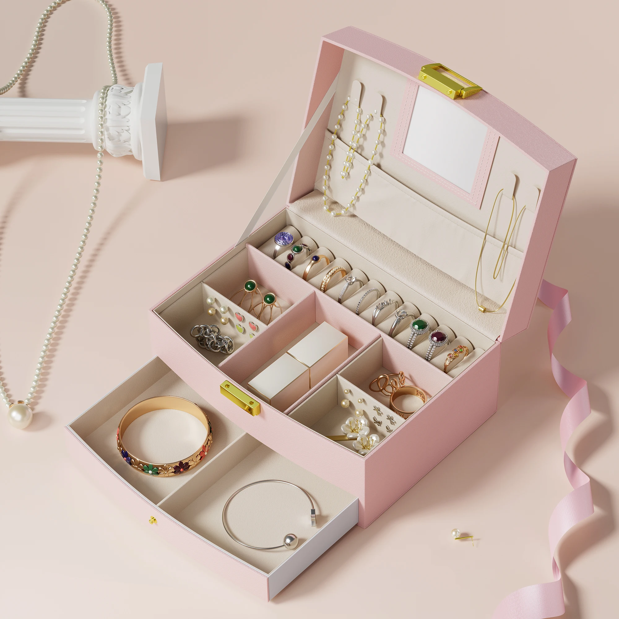 Factory directly sale red colors travel jewelry organisation box in stock PU leather jewelry organizer box storage plastic