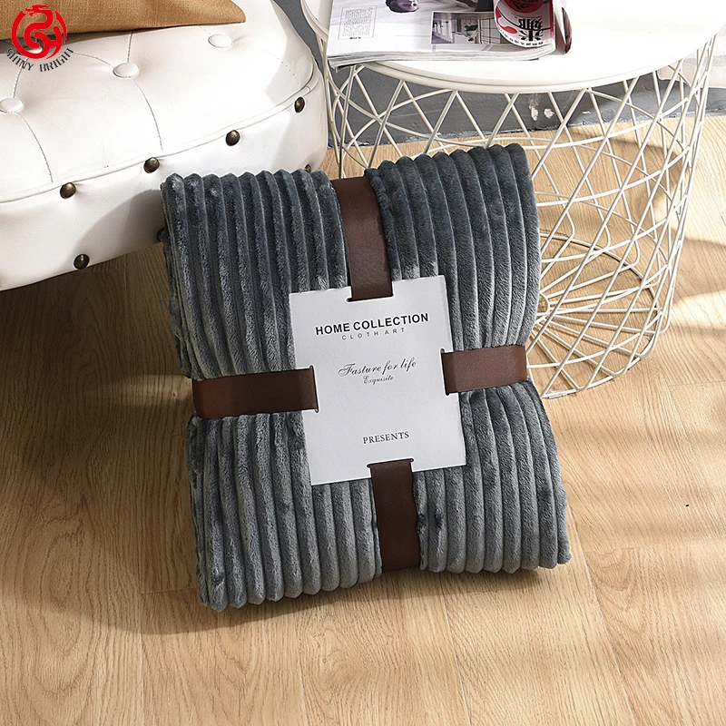 Super Soft Dyed Polar Flannel Fleece Modern Solid Color Design Polyester Striped Throw Blanket Plush Sofa Blanket