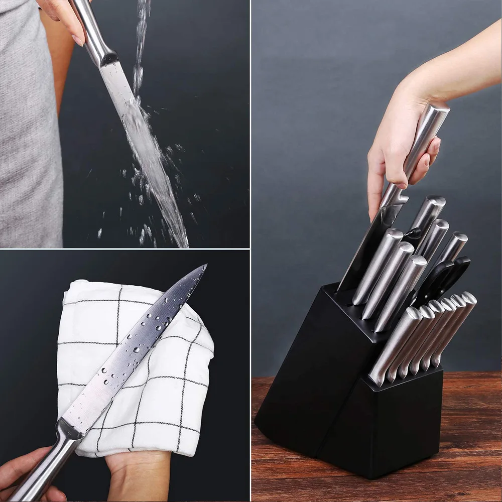 Top Seller 15 Pieces Kitchen Knives Stainless Steel Hollow Handle Self Sharpening Chef Kitchen Knife Set With Block