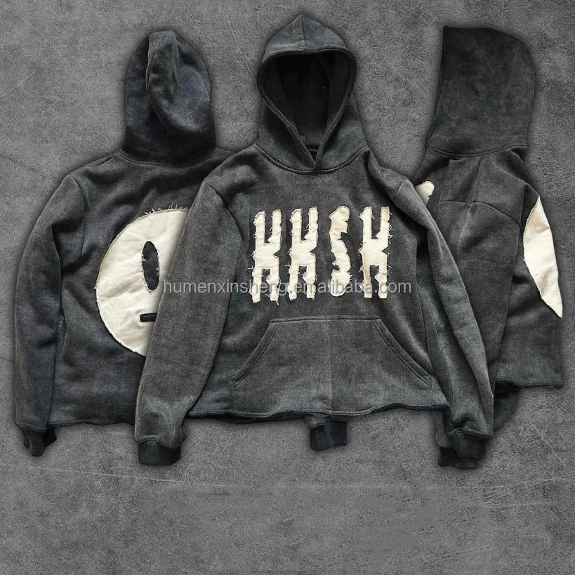 Manufacturer for customs clothes embroidered acid wash distressed applique embroidery patch hoodies sun faded hoodie