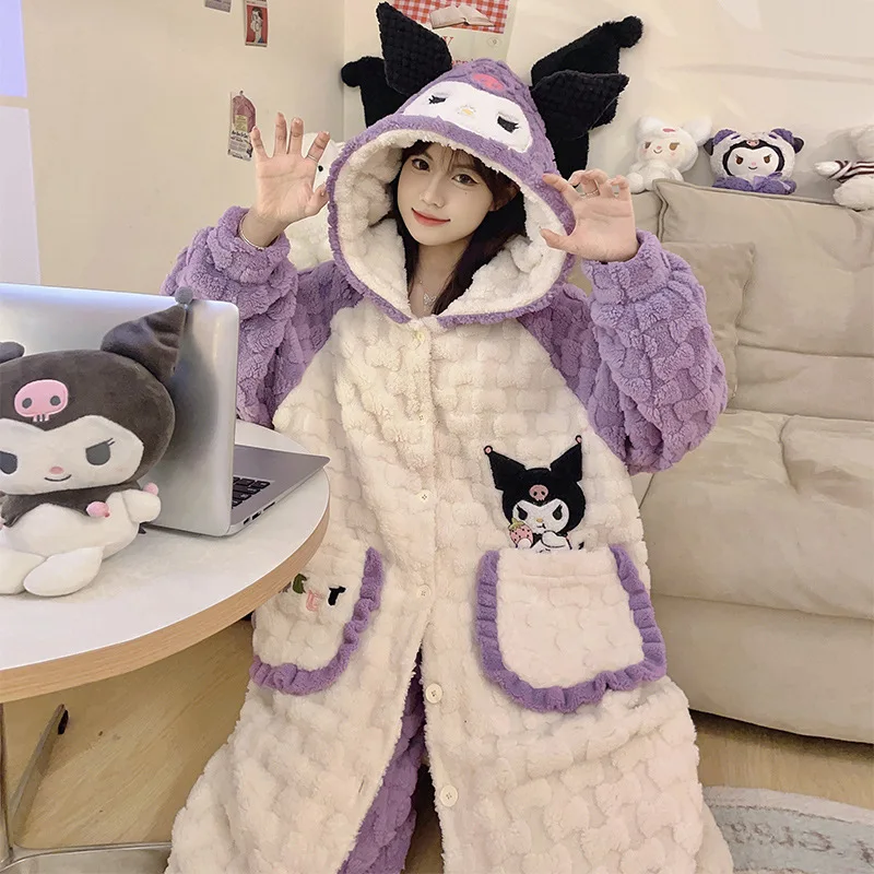 Sanrioed clothing cinnamo roll sanrioed pajamas kuromi sleepwear melody thick long sleeve fleece pajama hello kt cartoon dresses