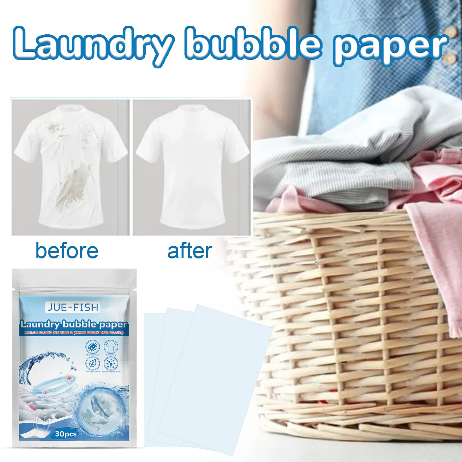 Jue-Fish Laundry Bubble Paper clean stain removal Long lasting fragrance concentrated laundry sheet coat clean white household