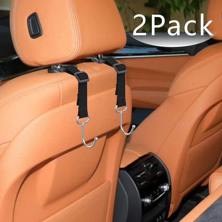 2-Piece Durable Adjustable Stainless Steel Car Seat Back Headrest Hanging Hook for Wallet Bags Storage