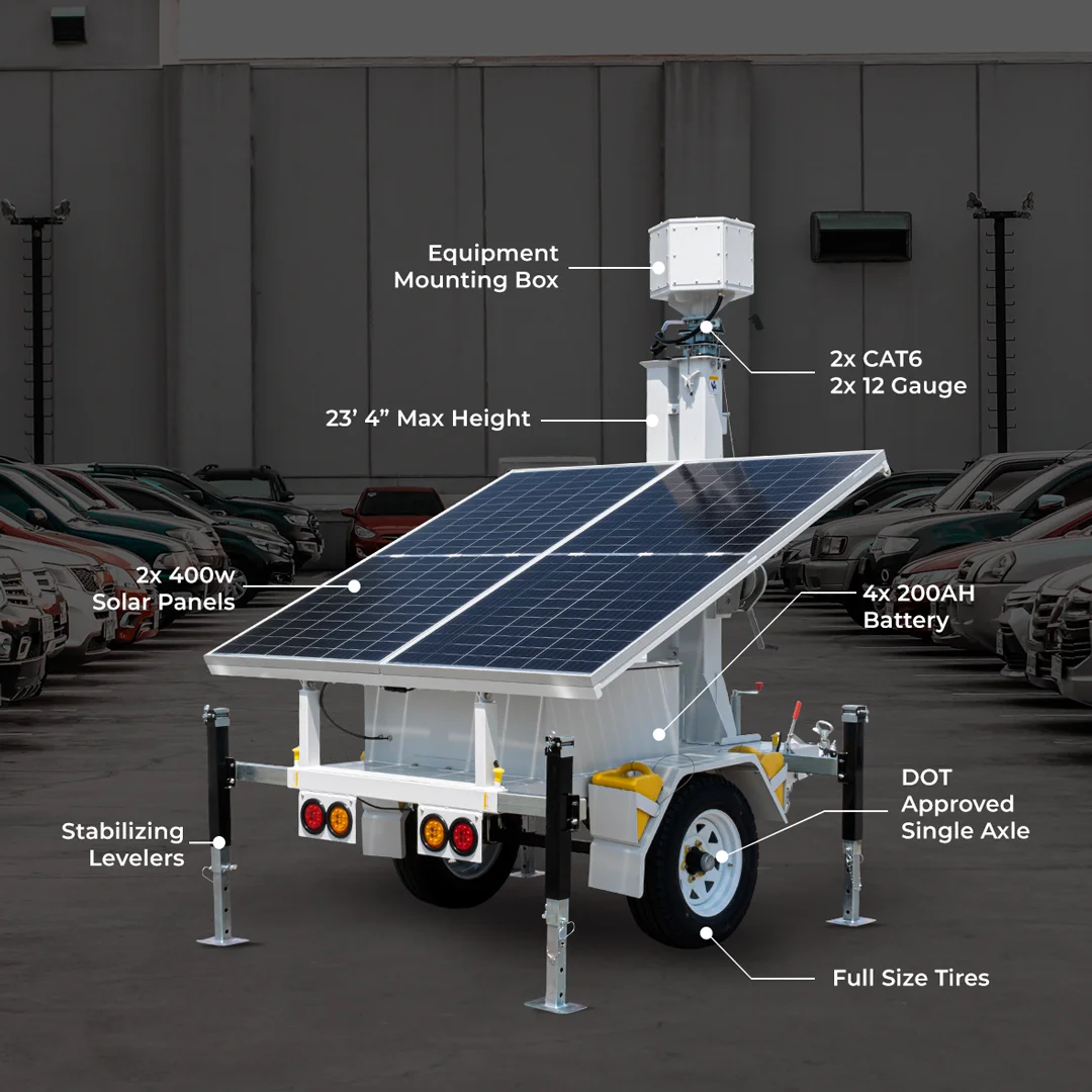 Mobile CCTV 1000w 800w 1kw Solar Solution 400W Solar Panel 200Ah Batteries High Capacity Solar Trailer for Sustainable Power