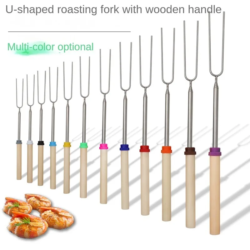 Telescoping Barbecue Fork Stainless Steel Double Metal Skewers Roasting Stick Smores Skewer for Hot Dog BBQ Picnic Camping