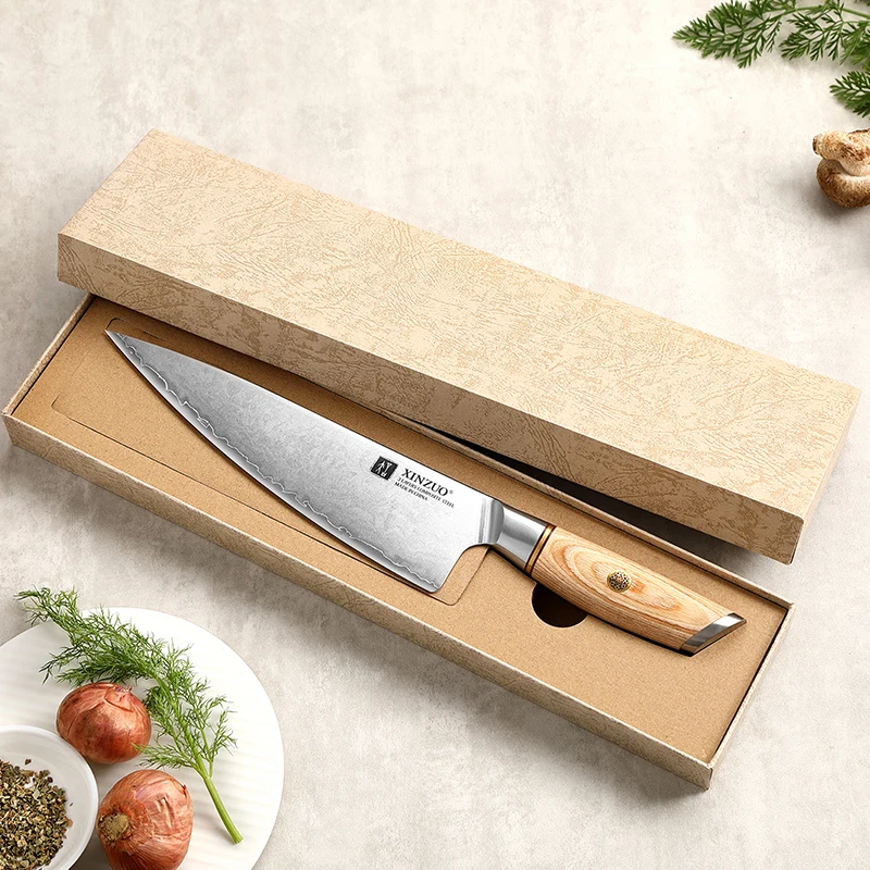 XINZUO New 8.5 inch Professional 3 Layers Composite Stainless Steel Pakka Wood Handle Kitchen Handmade Chef Knife Gifts