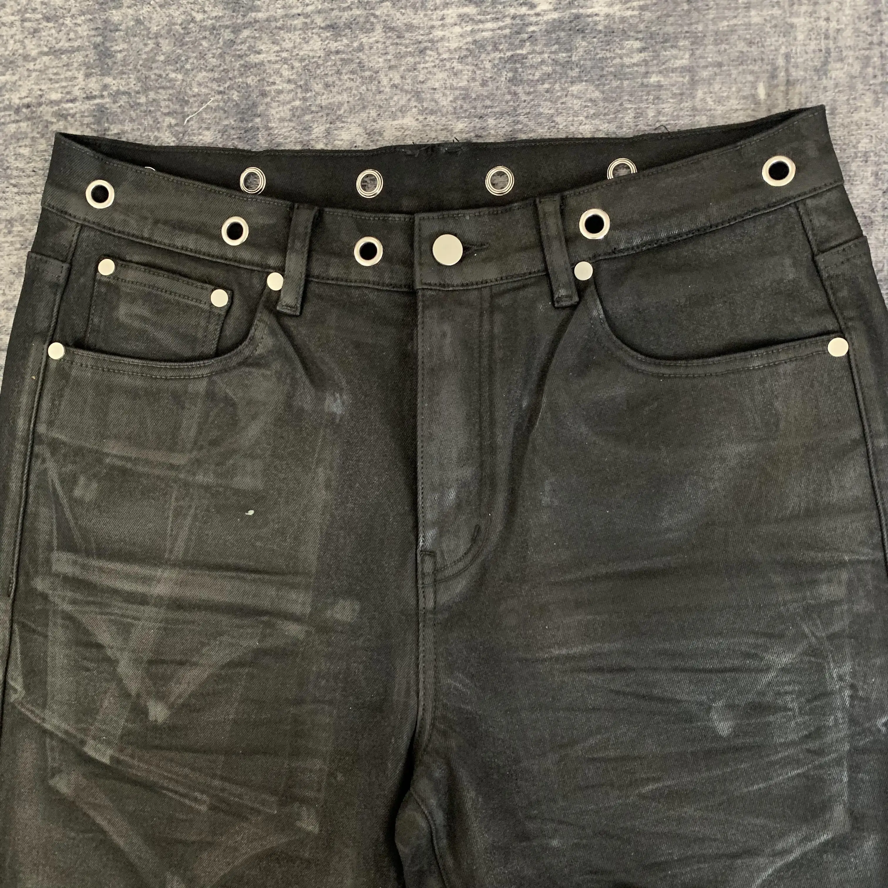 DENIMGUYS High-End Waxed Flared Jeans Men Wax-Coated Hip Hop Street Style Baggy Distressing Waxing Denim Bootcut Pants
