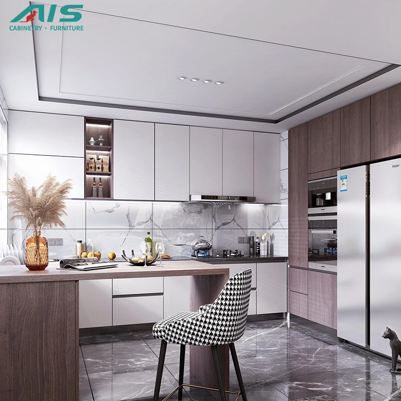 High-End Customized Beautiful Bright White Acrylic Frosted Panel Hot Selling European Style Kitchen Cabinet Island