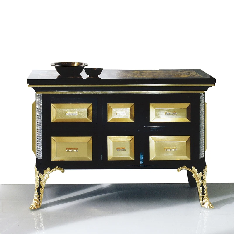 Classic Antique Italian Style Wood Carving Gloss Lacquered Black Chest of Gold Leafing Drawers