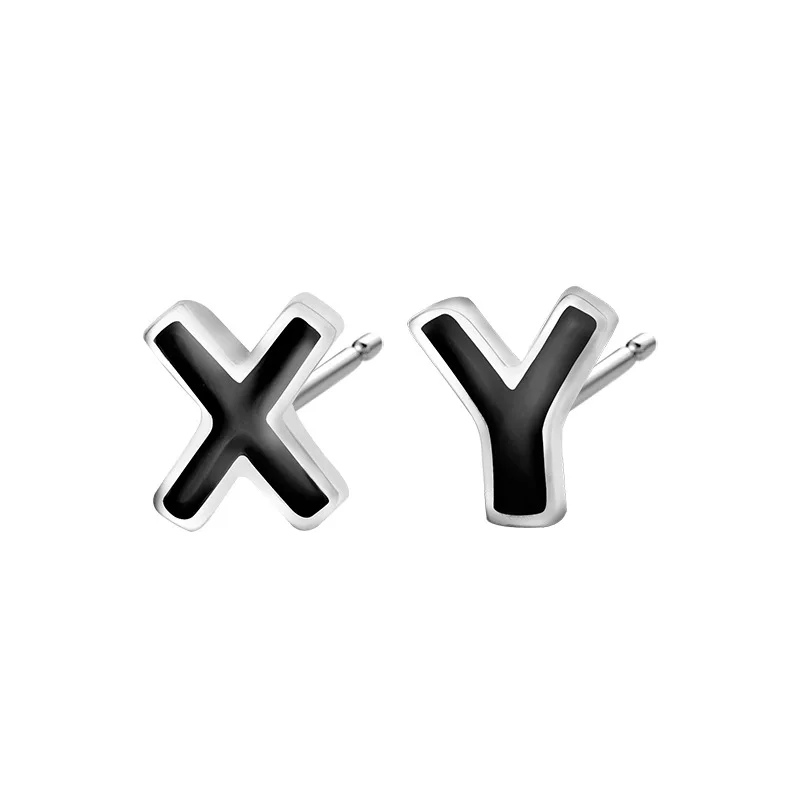 Fashion Jewelry S925 Sterling Silver Black Drop glue 26 initial Alphabet Stud Earrings Simple Trendy Women Men Single Earrings