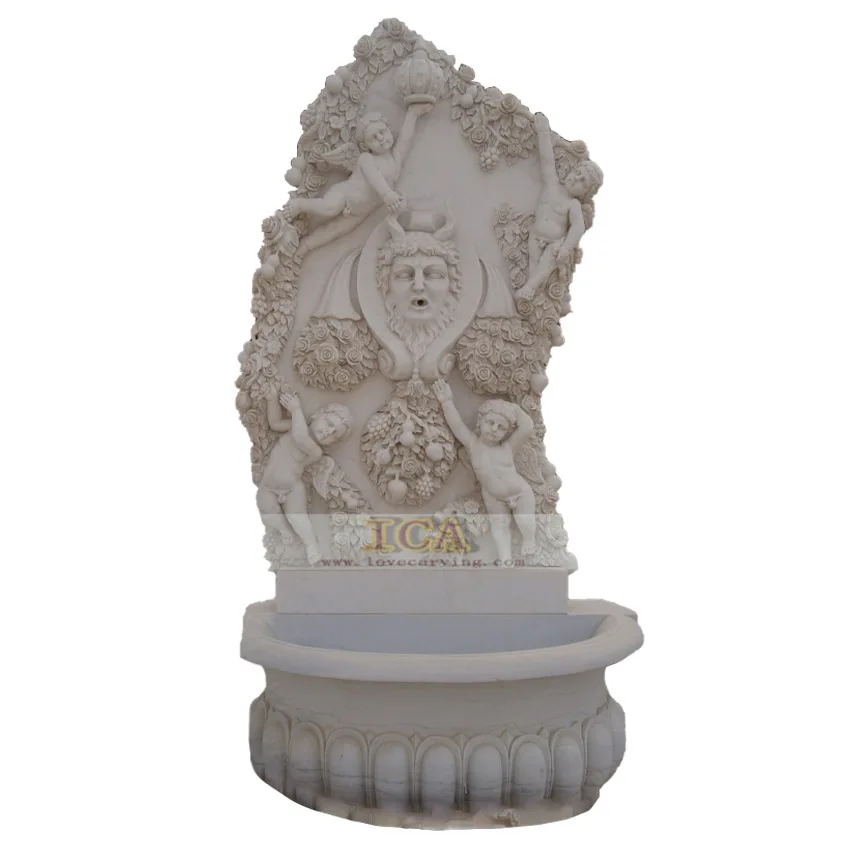 High quality hand carved yellow marble wall fountain with woman and boy statue for outdoor and indoor decorative