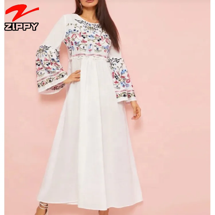 Whiter Women Clothing Lady Elegant Long Sleeve Embroidered Floral Straight Casual Maxi 2023 Hot Dress