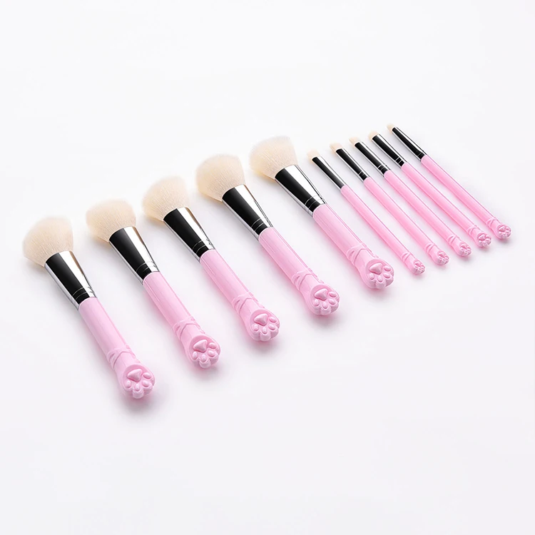 New Arrival Cute Cat Cosmetic Brush Pink 10pcs Nylon Hair Woman Beauty Tools Professional Plastic Makeup Brush Set