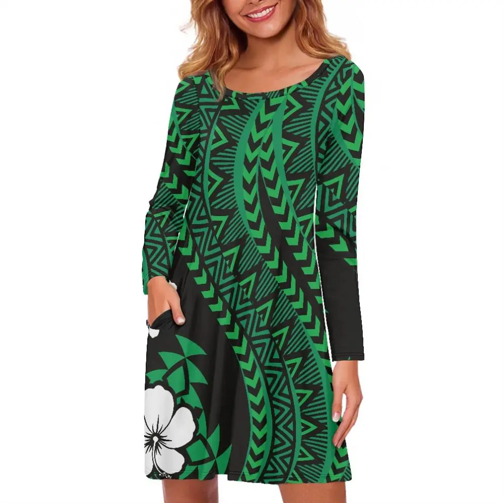 Hawaiian Flower Tribal Tattoo Design Style Women Dresses Casual Summer Long Sleeve O-Neck T-Shirt Loose Dress with Pockets
