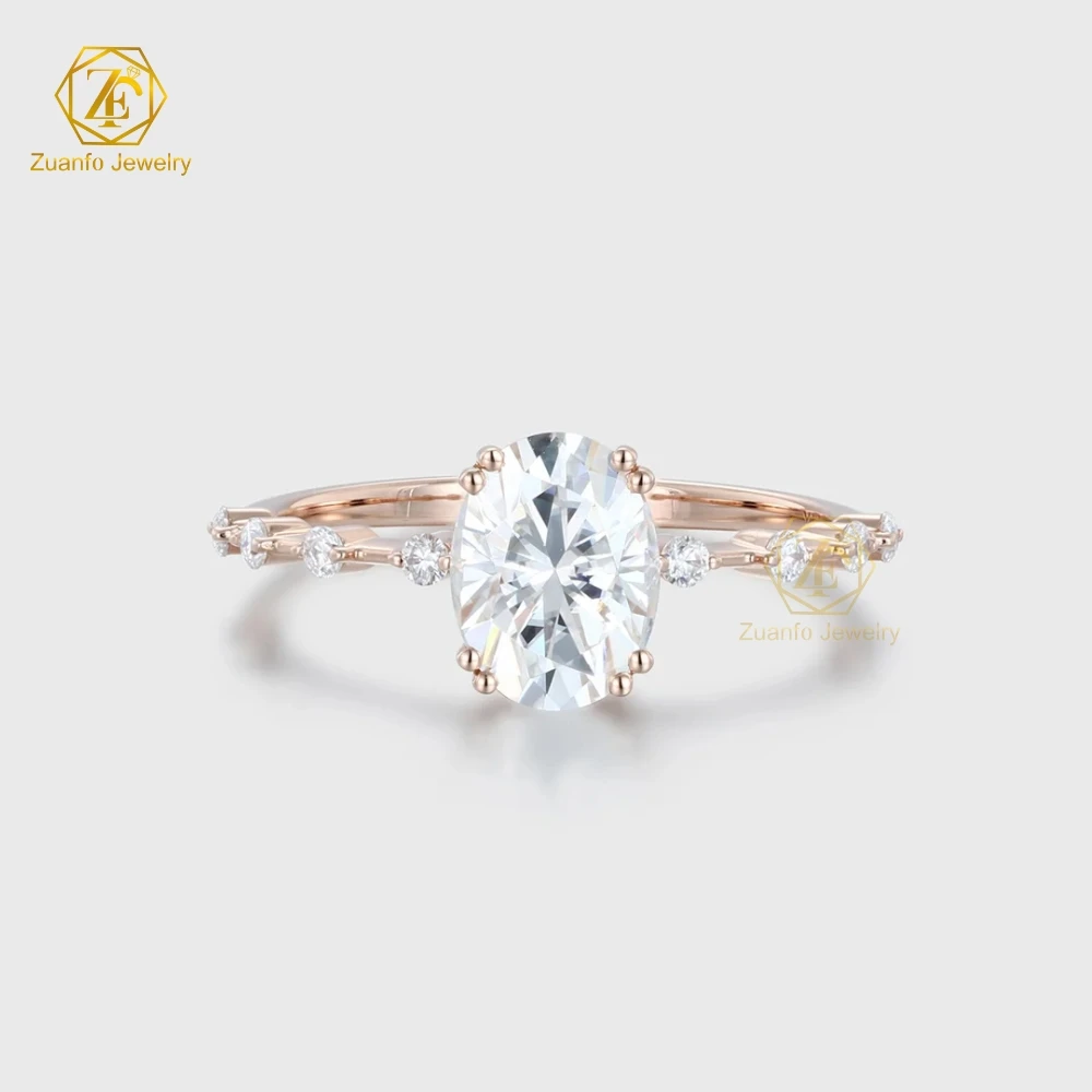 ZUANFO 1.5 Carat Oval Moissanite Engagement Ring with 14k Rose Gold High-end Jewelry with White Gold Inlay Unique Designs