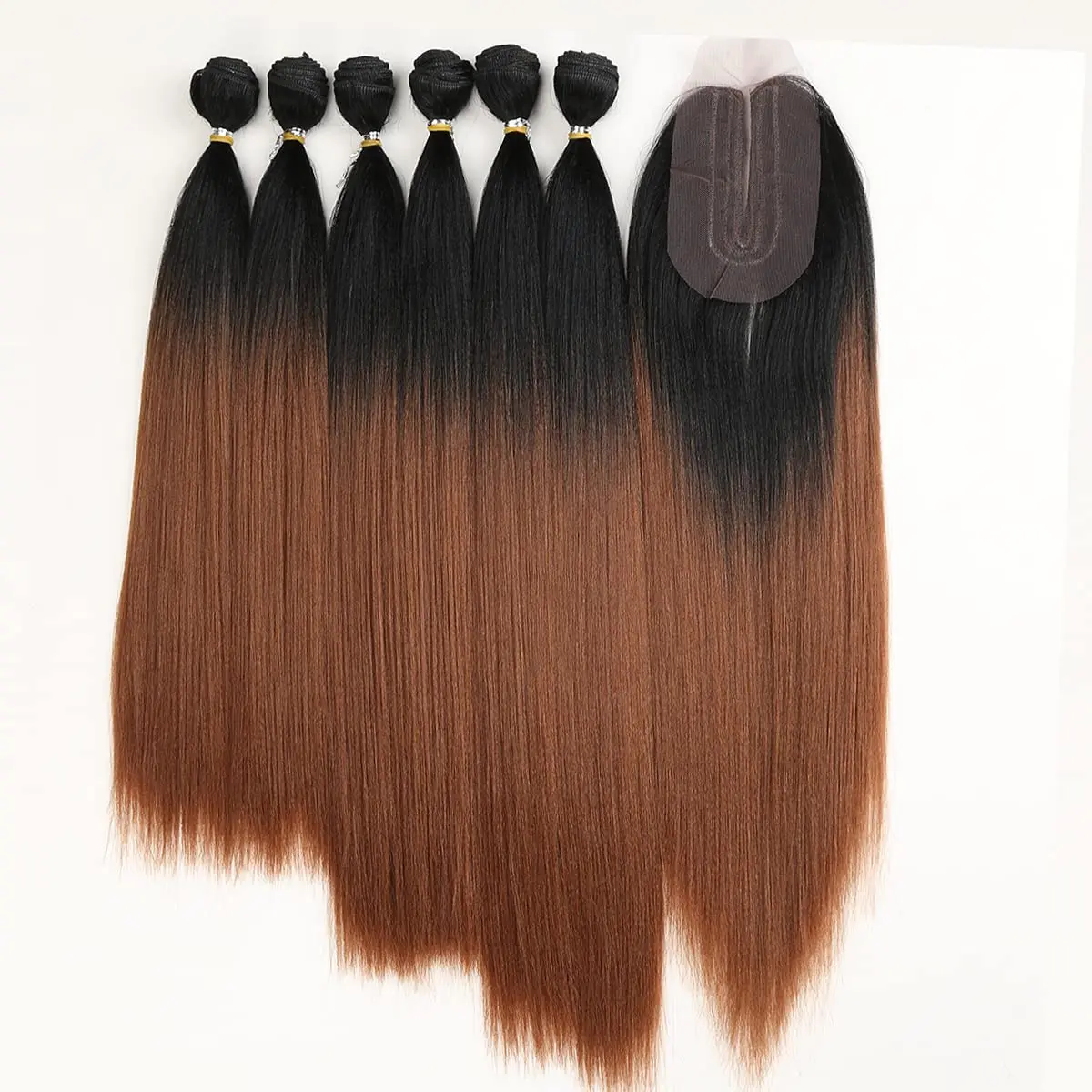 Rebecca Yaki Straight Synthetic Hair 6 Bundles with Simple Closure Heat Resistant Kinky Straight Hair Weave 7pcs 250g
