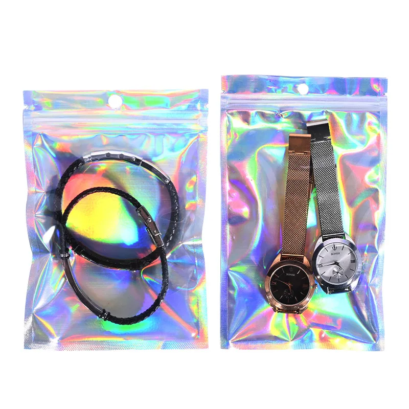 Custom printed logo redusable laser foil plastic pouch holographic jewelry packaging bag