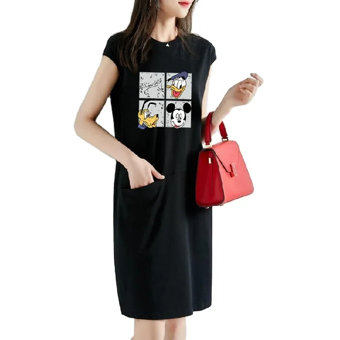 High quality Mid-length designer plus size mickey printed loose summer casual women dress with pockets