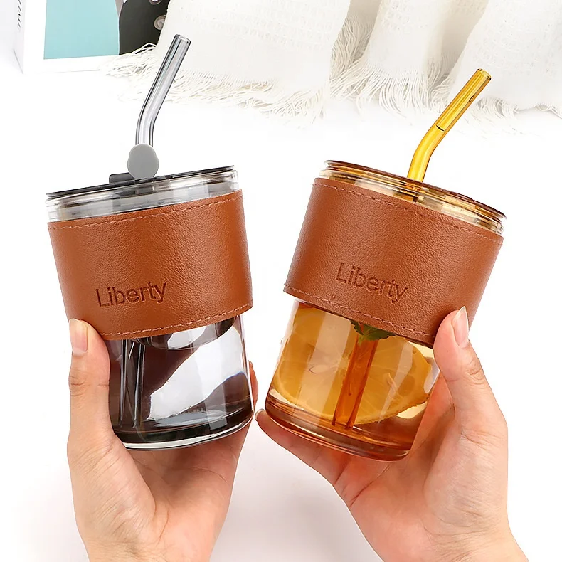 New Style Wide Mouth Water Drink Bottle Juice Beverage Glass Water Bottle with Straw and Silicone Sleeve