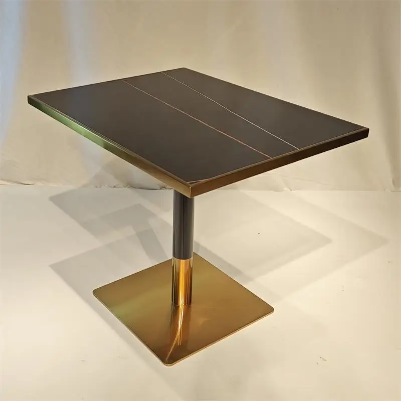 Foshan Gold stainless steel base restaurant tables square cafe artificial stone top dining table for restaurants