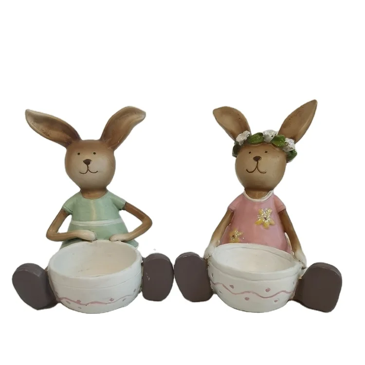 Wholesale best selling easter figurine decorations gifts resin rabbit holding basin sit crafts resin rabbit
